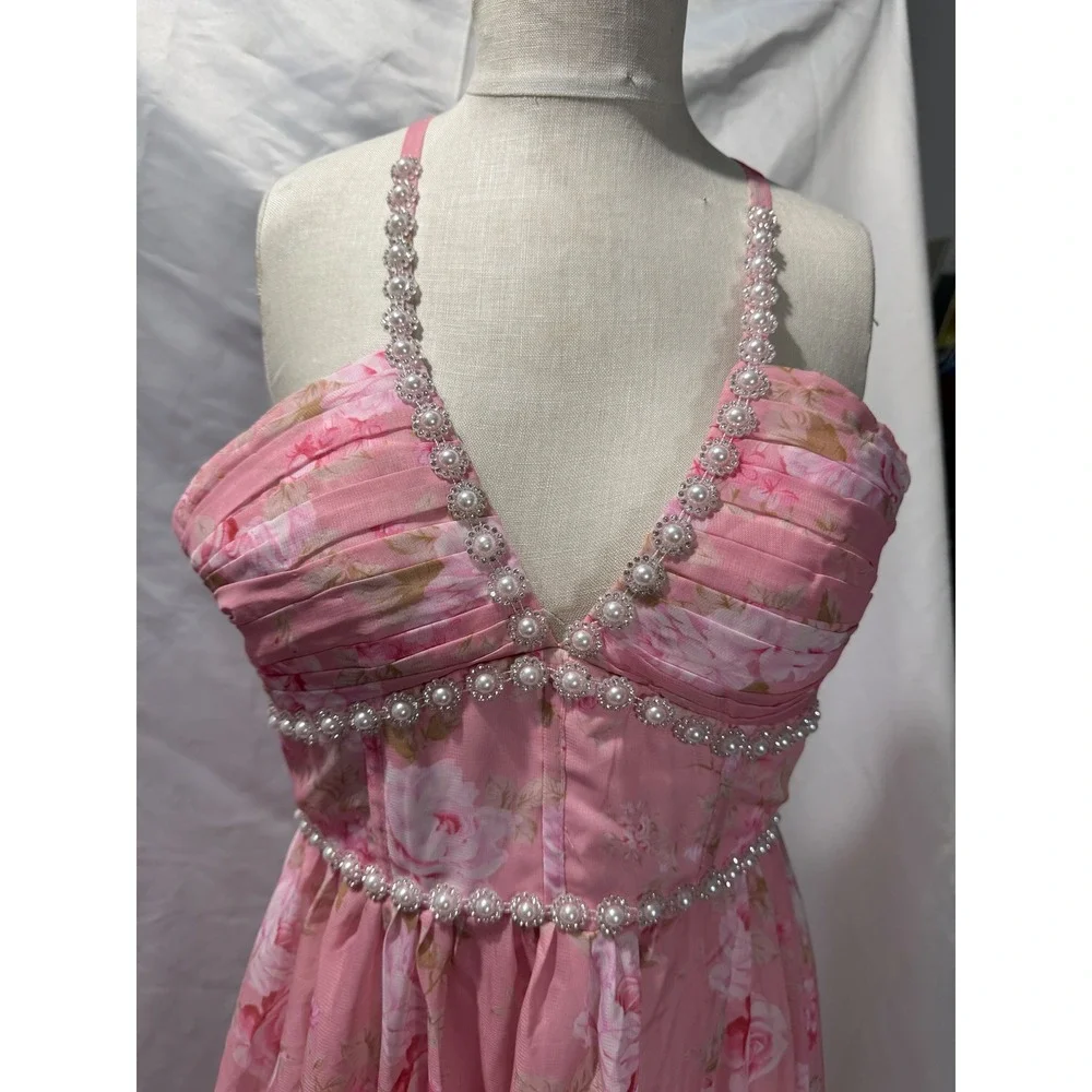 Pink Floral Chiffon Maxi Dress Pearl Rhinestone Trim Ruffle Hem Formal Gown - Picture 2 of 4